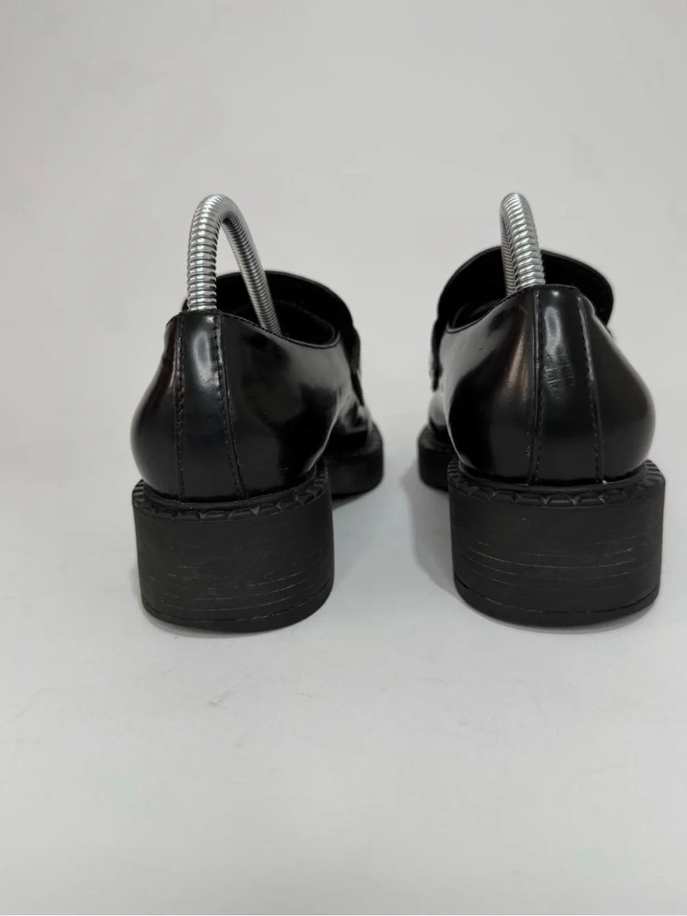 Prada Black Leather Loafers with Silver Triangle Logos - Picture 4 of 6